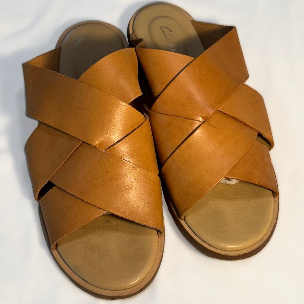 Clarks Women's Brown Light Tan Leather Mules Size Womens US 7 1/2